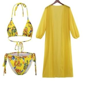 Yellow Asian Design Three Piece Bikini Set